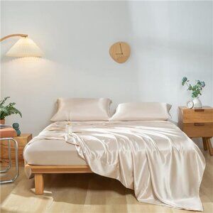 Revdomfly 4 Pcs Full Size Luxury Silky Soft Gold Satin Sheet Set,1 Premium